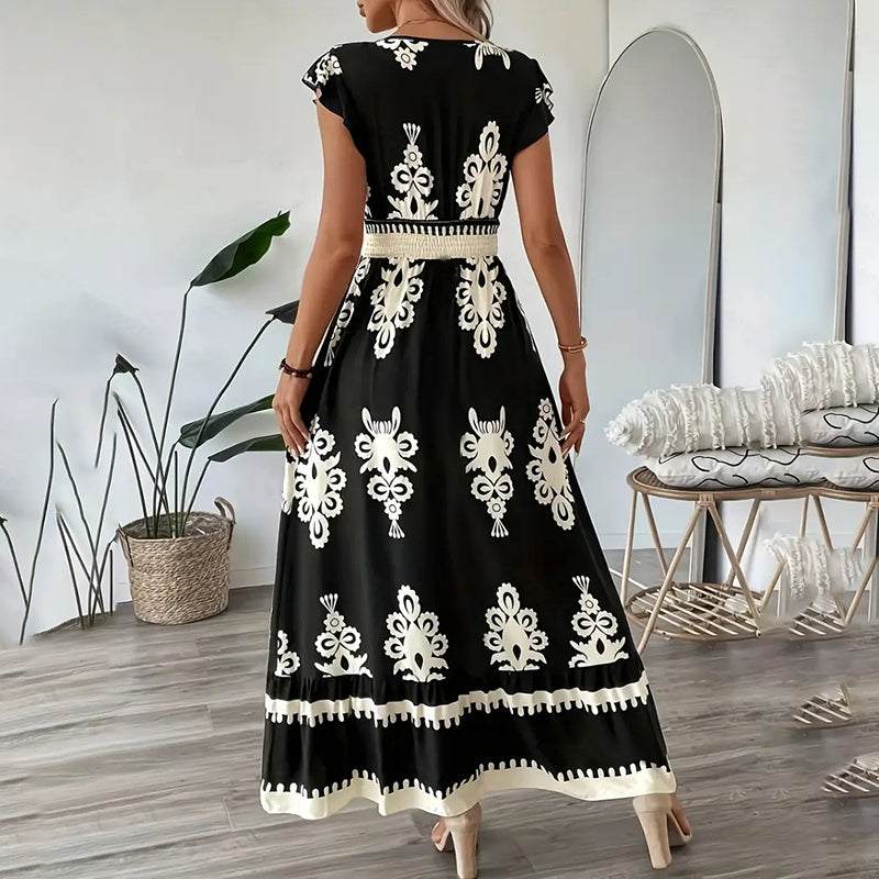 Women's Summer Flowy Maxi Dress Casual Cap Sleeve V Neck Smocked Waist Beach Sundress