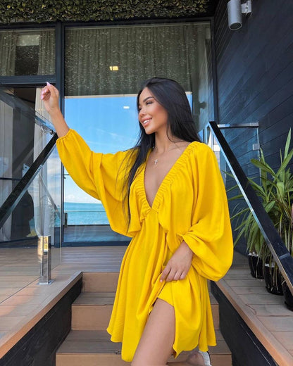 V-neck Lantern Sleeve Dress Fashion Loose Long-sleeved Dresses For Women Clothing