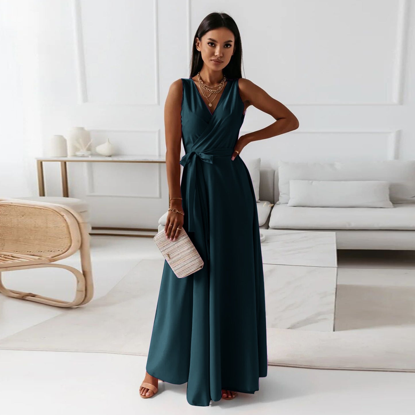 Vestito Maxi Scollo V Cintura