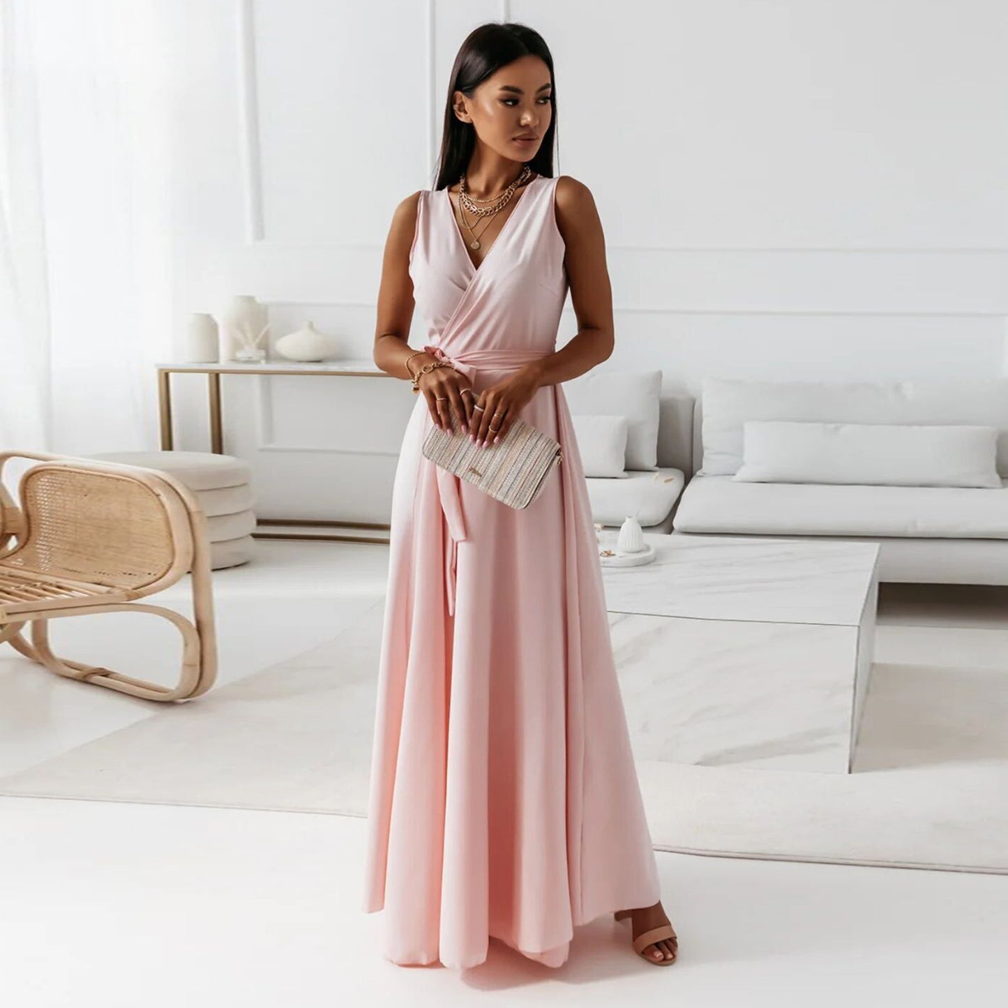 Vestito Maxi Scollo V Cintura