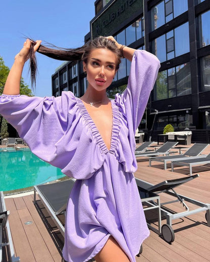 V-neck Lantern Sleeve Dress Fashion Loose Long-sleeved Dresses For Women Clothing