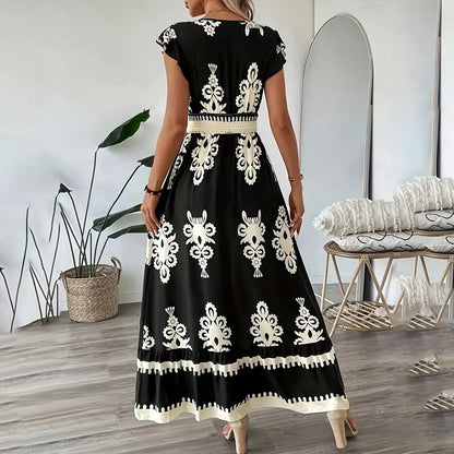 Women's Summer Flowy Maxi Dress Casual Cap Sleeve V Neck Smocked Waist Beach Sundress
